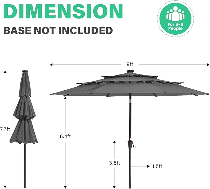 JEAREY 3 Tiers Patio Umbrella with Solar Lights 9ft Outdoor Market Table Umbrellas with Push Button Tilt for Outside Pool Garden, Gray