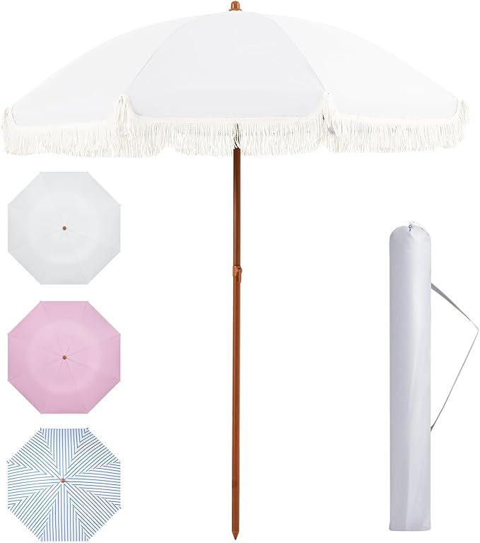Aoxun 7ft Patio Umbrella with Fringe,Outdoor Beach Umbrella with Aluminum Pole, Ribs Push Button Tilt and Carry Bag, UV 50+ Picnic Tassel Umbrella (White)