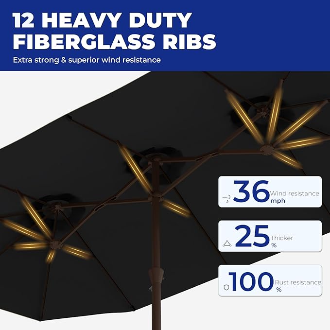 BRIOPAWS 15-FT-Large-Patio-Umbrella-with-Base | Double-Sided | Outdoor Table Umbrellas | w/Crank Handle | 12 Sturdy Fiberglass Rib | UV-Protection | for Garden Deck Backyard Pool | Black