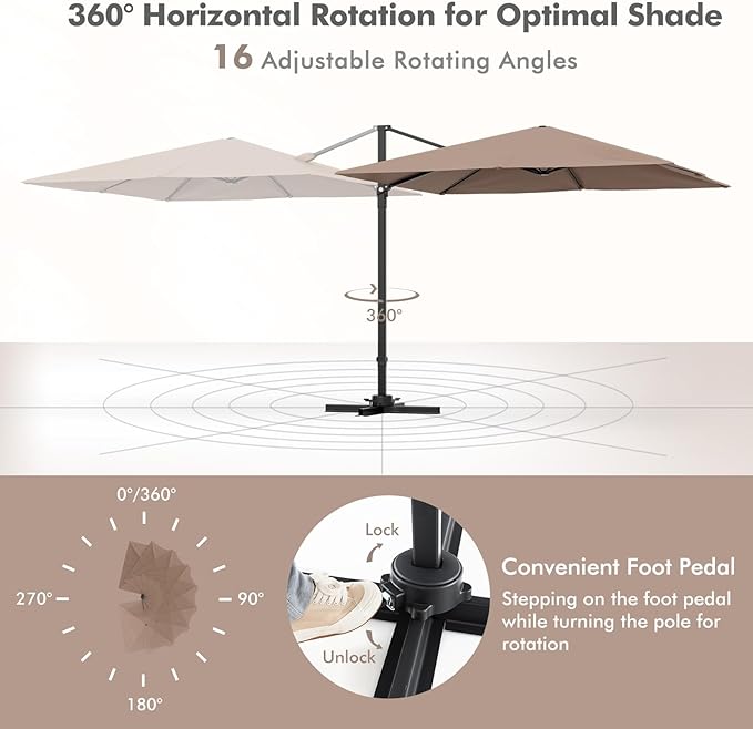 Tangkula 9.5 FT Cantilever Patio Umbrella, Outdoor Square Offset Umbrella with 360° Rotation, Heavy Duty Patio Hanging Umbrella with Cross Base for Garden Deck Pool Backyard (Tan)
