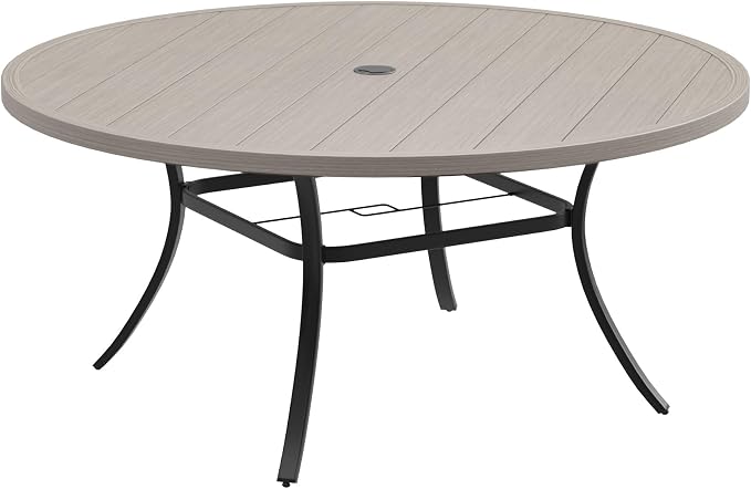 DIFY 60" Round Outdoor Patio Dining Table for 8-10, Metal Patio Table with 1.57" Adjustable Umbrella Hole, All-Weather Dining Furniture Table for Backyard Lawn Garden, Grey Wood-Like