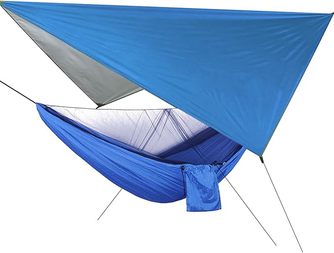 Portable Hammock with Net, Integrated Hanging Hammock for Outdoor Camping Traveling, Canopy to Wind Rain, Sturdy Nylon Fabric Polyester Material, Supports Up to (Blue Sky with Blue Hammock)