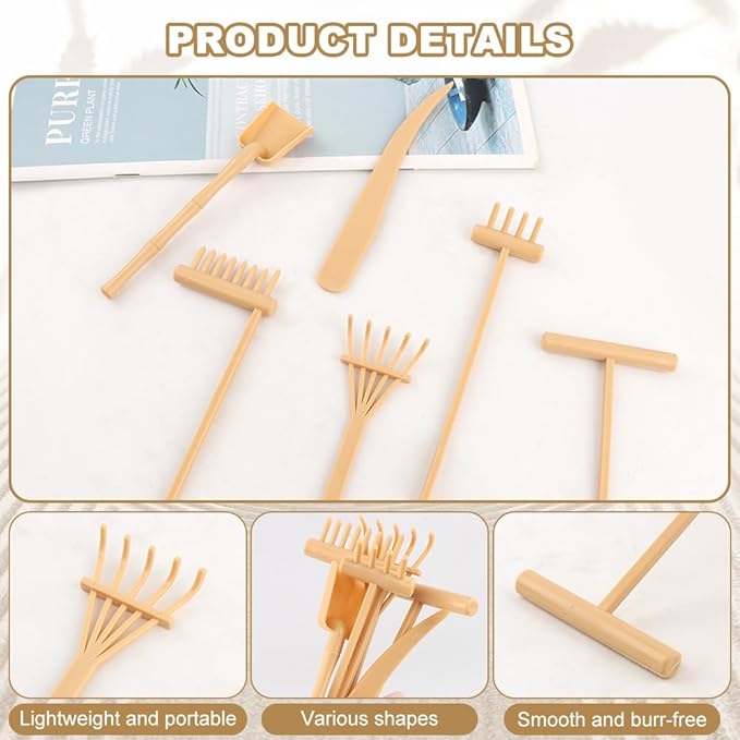 6 Pcs Mini Zen Garden Rake Tools, Miniature Tabletop Rock Zen Sand Rake Set with Pushing Drawing Pen 3 Small Rakes, Mini Sand Stamp Rakes, Meditation Rock Garden Accessories(Beige)