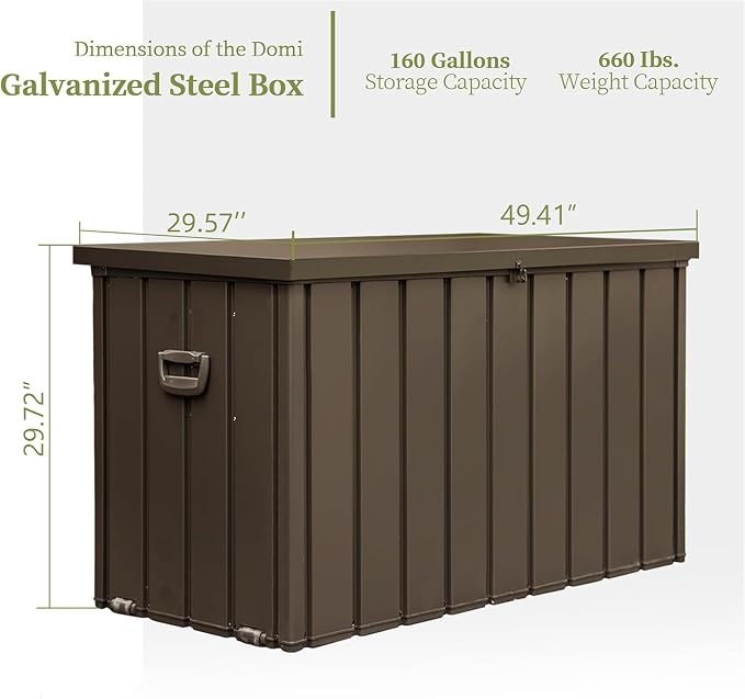 160 Gallon Metal Deck Box, Outdoor Storage Box Waterproof with Wheels, Lockable Storage Container for Patio Furniture Cushions Garden Tools, Dark Brown
