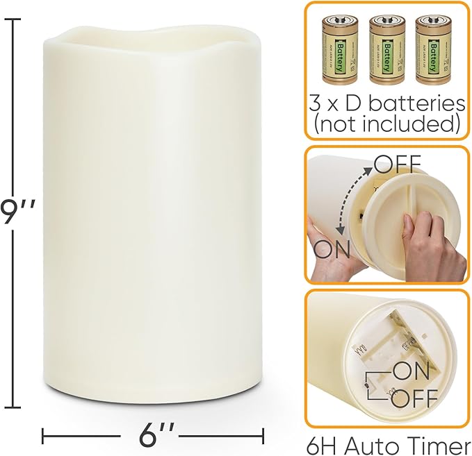 Homemory 6" x 9" Extra Large Outdoor Waterproof Candle with Auto 6-Hour Timer, Ivory Plastic Made, Long Last for Half A Year, Set of 2