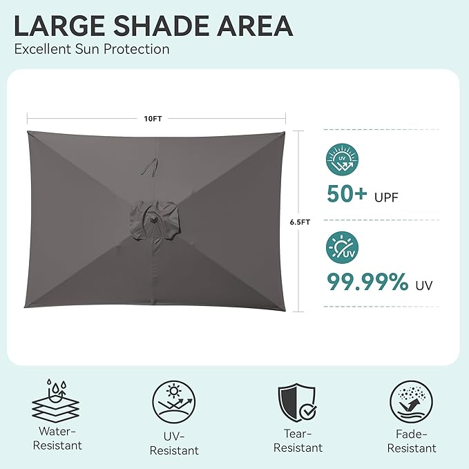 HASLE OUTFITTERS Rectangular Patio Umbrella, 6.5 x 10 ft Rectangle Table Umbrellas w/Heavy Duty Ribs, Effortless Crank and Push Button Tilt, Wind Resistant Sun Umbrella for Outdoor Patio, Gray