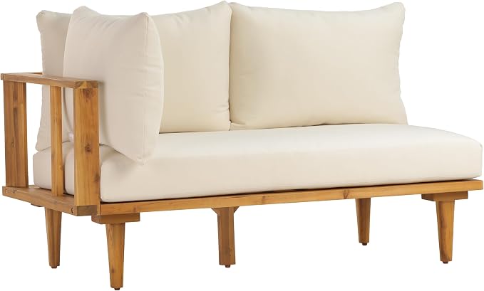 Christopher Knight Home Flynn Acacia Wood Patio Furniture Set, 6-Seater L-Shaped Sectional Sofa Set and Small Coffee Table, Outdoor Conversation Set for Backyard Poolside Balcony, Natural+Beige