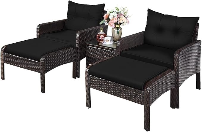 Tangkula 5 Pieces Wicker Patio Furniture Set, PE Rattan Outdoor All Weather Cushioned Sofas and Ottoman Set, 2-Person Outside Conversation Set for Lawn, Poolside, Yard, Balcony, Deck, Black