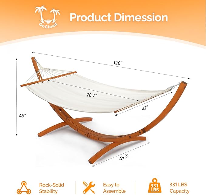 ONCLOUD Premium Double Hammock Set with Curved Hardwood Stand - 10.5ft Outdoor Relaxation System (400lb Capacity)