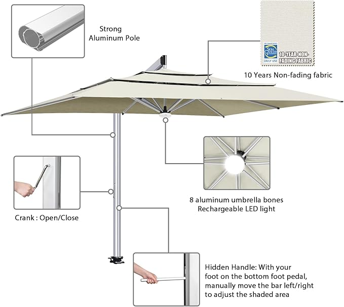 EliteShade USA Atlas 3-Tier 10x13FT Full Aluminum Cantilever Patio Umbrella for Outdoor restaurant Garden Courtyard Deck Pool and Marketing with Light,Natural