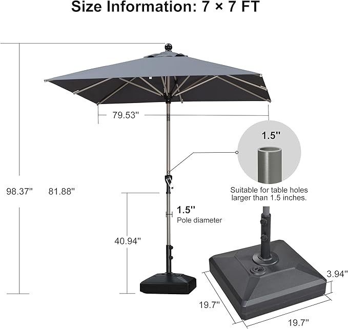 PURPLE LEAF 6.5' x 6.5' Market Umbrella, Square Patio Umbrella with Base Included, Heavy Duty Outdoor Table Umbrella with Tilt, Aluminum Pool Umbrella for Deck, Garden, or Poolside, Grey