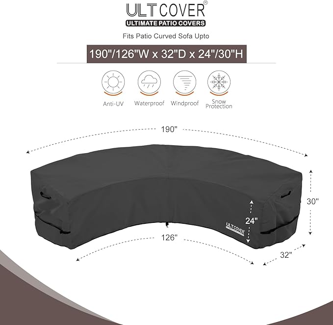 ULTCOVER Patio Curved Sofa Cover Waterproof for 5-7 Seater Outdoor Sectional Furniture Couch 190"(Back Arc Length) / 126"(Front Arc Length) x 32"(Deep), Black
