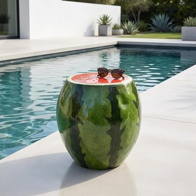 13.4" Watermelon Resin Stool, Novelty Fruit Side Table & Plant Stand, Whimsical Indoor Outdoor Garden Patio Decor, No Assembly Required (Red Watermelon)