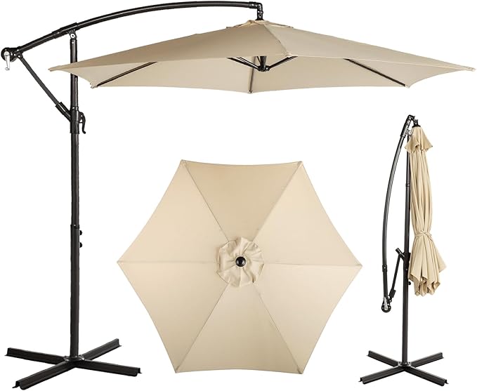 VINGLI 10 ft Cantilever Patio Umbrella, Offset Cantilever Outdoor Umbrella with Solar Lights, Easy Crank & Tilt Adjustment for Backyard, Poolside, Deck
