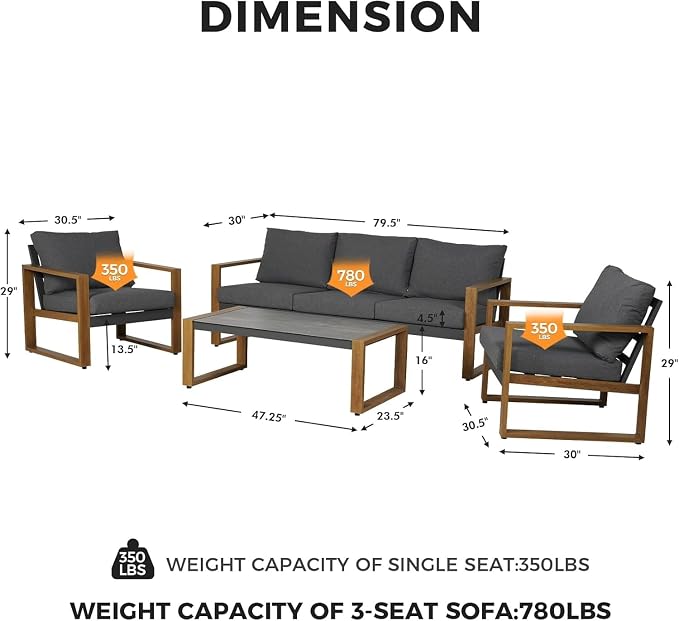 4-Piece Outdoor Furniture Set with Cushions, Modern Aluminum Patio Conversation Sofa Set for Garden, Backyard, Deck, Porch, or Poolside, Comfortable Outdoor Sectional for Relaxing Seating