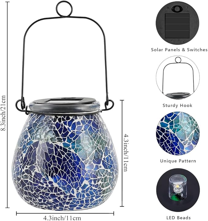 Stargarden Mosaic Solar Lantern ,Outdoor Hanging Waterproof Mosaic Light Solar Table Lamp for Garden ,Patio,Yard Decor (Blue )