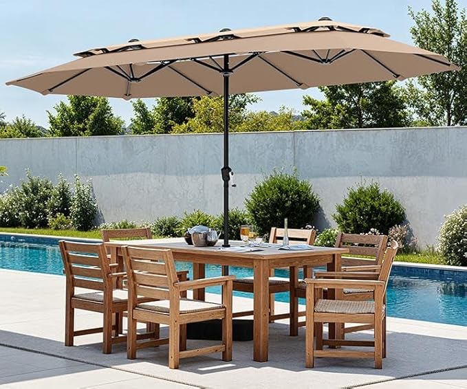 PHI VILLA 13ft Large Patio Umbrellas with Base Included, 2-Tier Double-Sided Outdoor Market Rectangle Umbrella for Outside, Beige&Tan