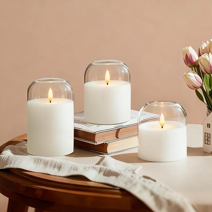 Homemory Glass Flameless Candles, Battery Operated Plliar Candles Realistic Flickering, LED Electric Light with Remote and Timer for Home, Christmas Decoration, White, Set of 3