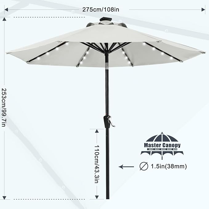 MASTERCANOPY 9FT 8Ribs Patio Umbrella with 32 Solar LED Lights, Outdoor Market Umbrella with Tilt & Crank, UV Protection & Fade Resistant Fabric, Easy Set-Up for Garden, Deck, Pool (Light Gray)