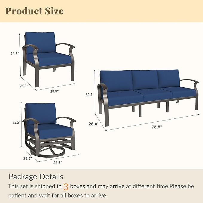 Aluminum Patio Furniture Set Patio Conversation Set,7 Seats Metal Modern Outdoor Furniture w/5.1" Cushions,Patio Sectional w/Swivel Chairs for Patio,Backyard,NavyBlue