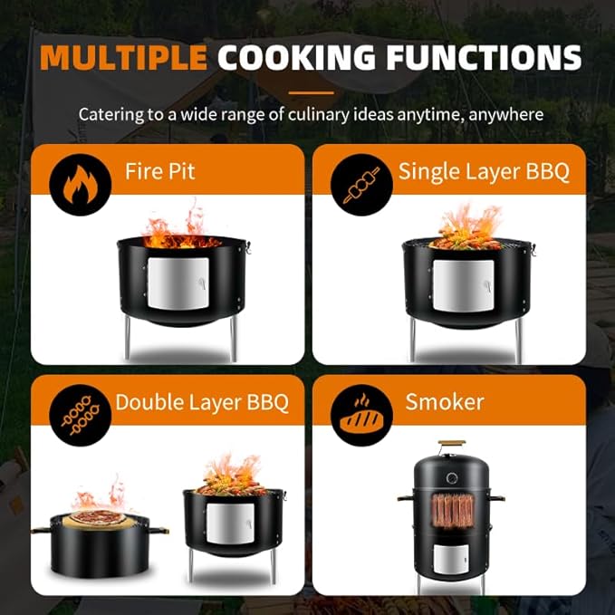 17-1/2" 3-IN-1 Smoke grill Built in termometer, Air Vent and Access Doors Multi-Layer Heavy duty Smoke BBQ with 3 wooden Handles heavy duty BBQ