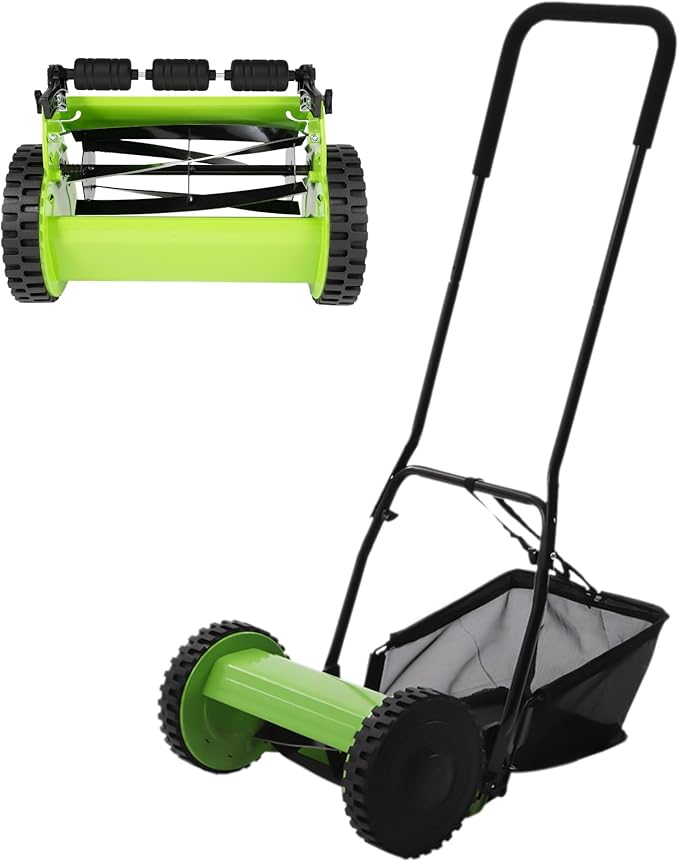 Manual Reel Push Mower, Push Lawn Mowers Manual with Grass Catcher, Push Reel Lawn Mower 12 Inch 5-Blade, Adjustable Cutting Height