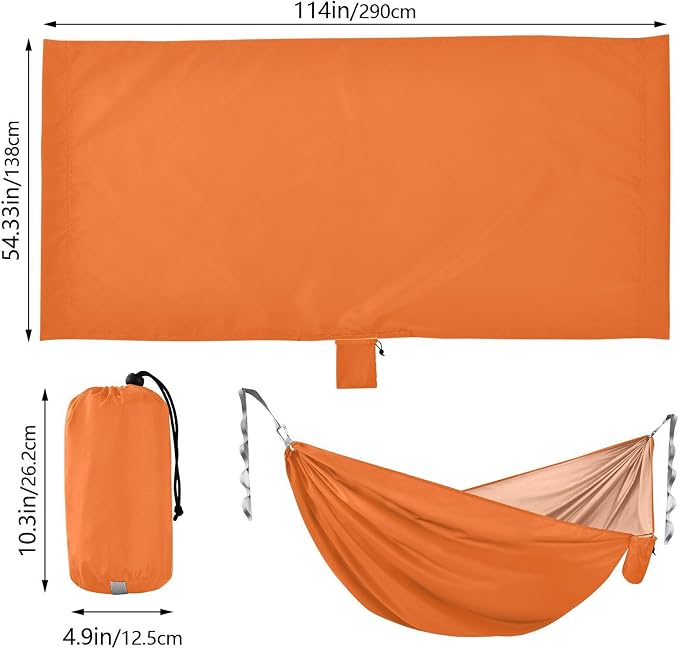 Orange Solid Color Camping Hammock, Portable Lightweight Single Hammock with Tree Straps and Aluminum Carabiners, 114" x 54" Travel Hammock for Hiking Backpacking Beach