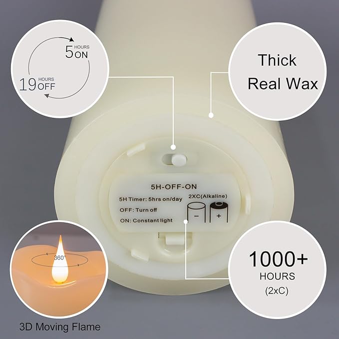 TECHLONG 10" x 4" Large Flameless Candles with Remote Timer, Flickering 3D Moving Flame, Last 1000+ Hours, Real Wax Tall LED Pillar Candles Battery Operated for Indoor Home Decor, Ivory