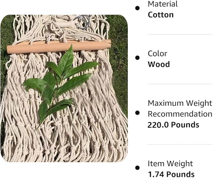 Cotton Rope Hammocks with Wood Spreader,Traditional Hand Woven Children Hammock for Outdoor, Indoor,Patio, Backyard,Accommodates One Person with a Weight Capacity of 220 lbs.