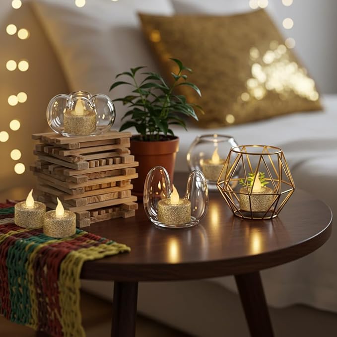 FURORA LIGHTING Champaign Gold Glitter LED Tealight Candles Pack of 12, Flameless Flickering Tealight Candles for Home Décor, 1.5’’(W) x 1.65’’(H), Battery Operated