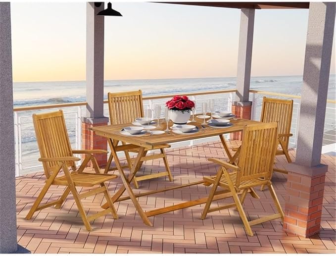 Pemberly Row 5-Piece Bistro Patio Dining Set, Acacia Wood, Natural Oil Finish, Includes 60x36 in Folding Table and 4 Folding Chairs, Weather-Resistant Outdoor Furniture for Patio, Balcony, Porch