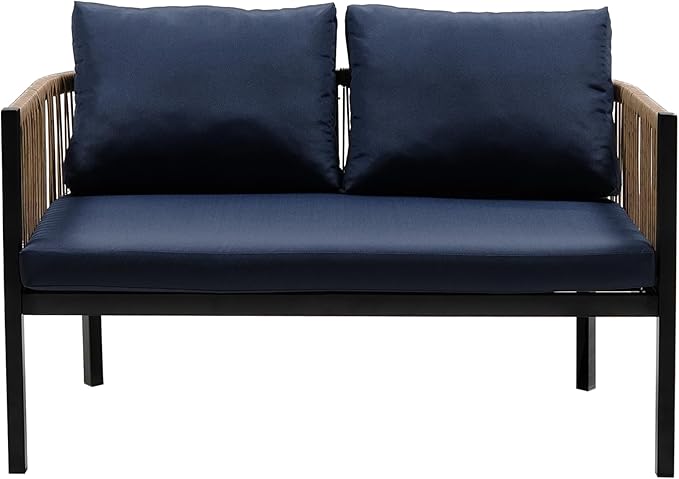 LUMISOL 4-Piece Patio Conversation Set Acacia Wood Outdoor Sofa & Chairs with Coffee Table, Outdoor Sofa Set with Coffee Table, Patio Conversation Set for Garden Backyard, Dark Blue