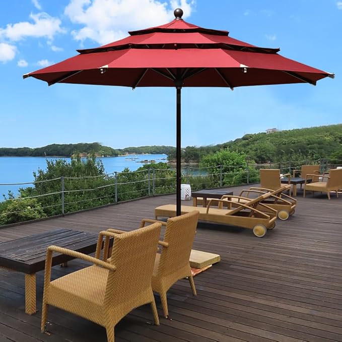 EliteShade USA 10-Year-Non-Fading 11ft 3-Tier Market Patio Umbrella, Commercial Grade Outdoor Table Umbrella with Cylinder Push-Up, Windproof & UPF 50+ UV Protection, Heavy Duty Ventilation for Garden, Deck, Pool, Backyard, Beach & Bistro, Burgundy
