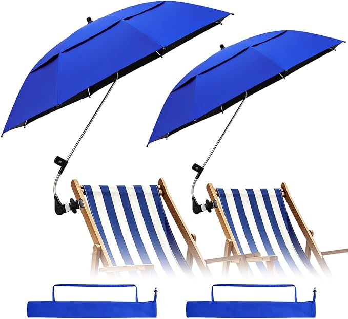 2 Pack 42 Inch Double Canopy Beach Chair Umbrella with Clamp, UPF50+ Clip on Beach Umbrella with 360° Swiwel Arm & Adjustable Clip, Portable Sun Shade for Wheelchair, Stroller, Camping