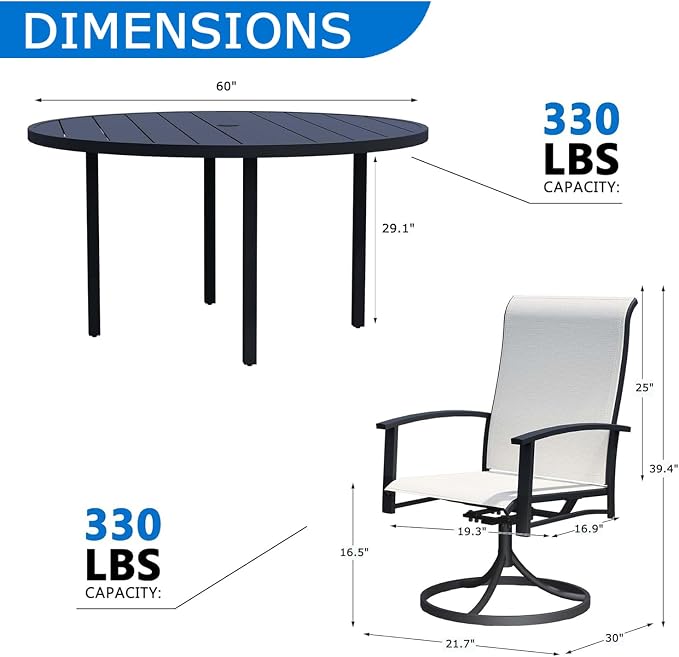 9-Piece Outdoor Dining Set for 8 – 60" Black Round Outdoor Table with Umbrella Hole & 8 White Patio Swivel Chairs, All-Weather Patio Furniture