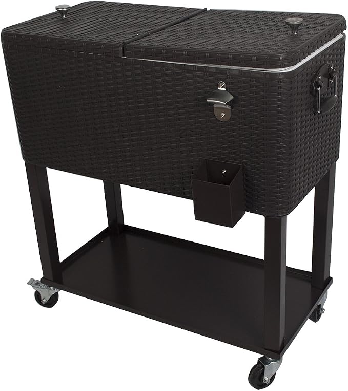 HIO 80 Qt Outdoor Patio Cooler Table On Wheels, with Shelf, Dark Brown Wicker