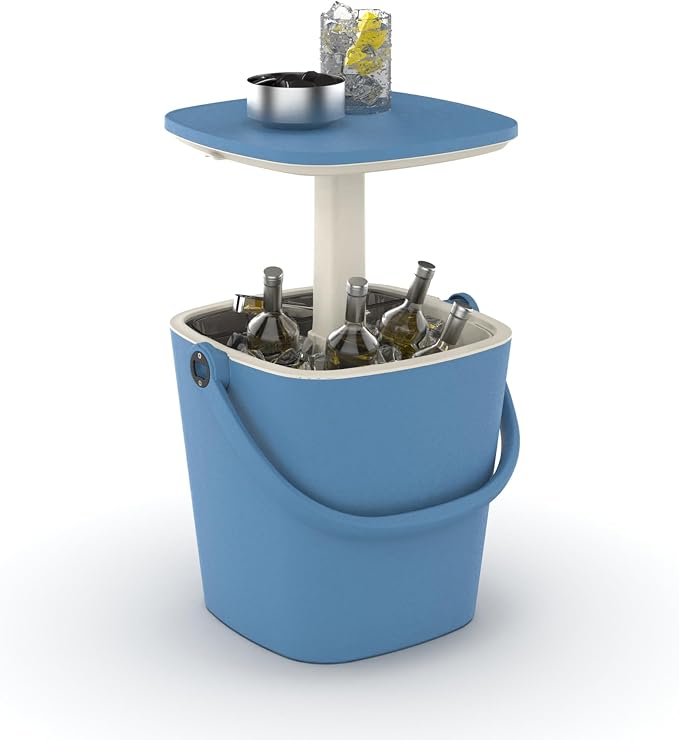 EasyUp Outdoor Cooler Table, 4 Gallon, Portable, with Handle, Bottle Opener, Lift Top Lid, 3-in-1 Ice Cooler, Cocktail Patio Table for Camping, Picnic, Beach, Poolside (Blue)