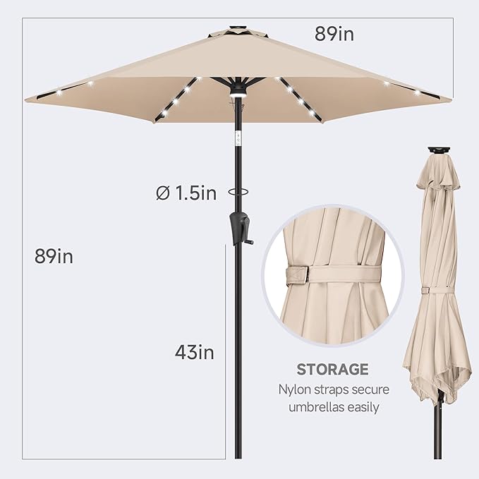 FLAME&SHADE 7.5 FT Solar Light Patio Umbrella, 24 LED Lights Outdoor Umbrella with Centre Surround Light, Table Umbrella Outdoor Patio for Deck, Pool, Backyard, Garden, UV Protection (Beige)