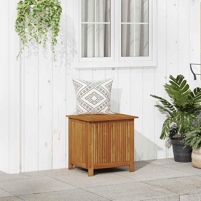 Solid Acacia Wood Outdoor Storage Box with Waterproof Bag, Patio Cushion and Garden Tool Organizer, Rustic Bench and Side Table