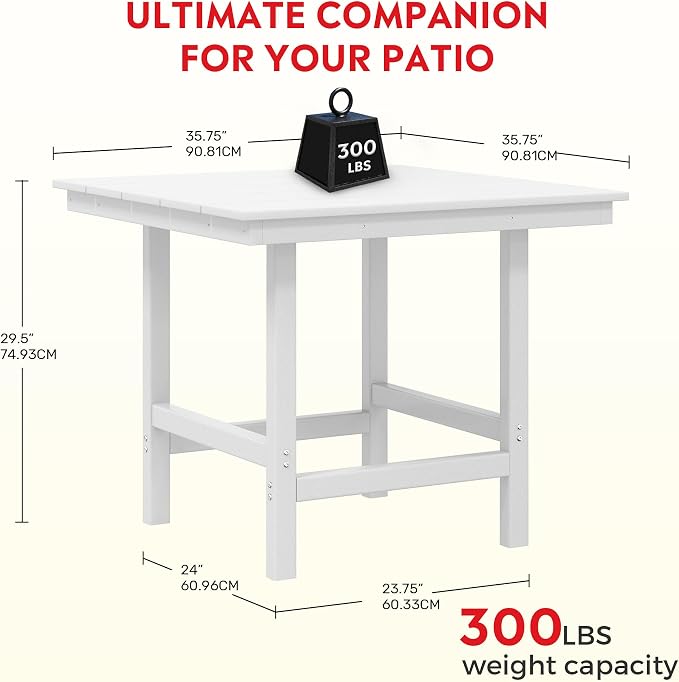 Costaelm Outdoor Patio Table, Outdoor Dining Table for 4, Weather Resistant Square Patio Table with Umbrella Hole for Garden, Poolside, Porch, White