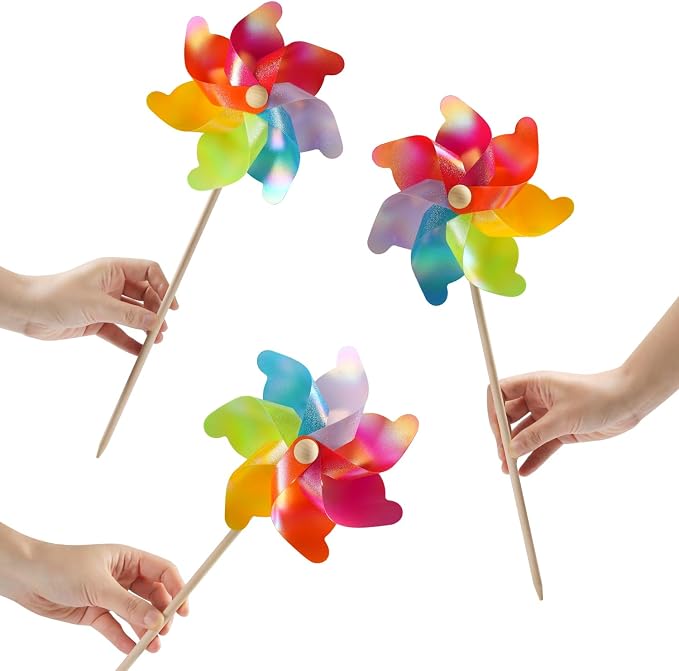 IilLittle 10 Pack Rainbow Pinwheel, Pinwheels for Kids | Assembly Instructions Included, Easy Assembly, Wooden Pole, PP Plastic, Waterproof, Sturdy