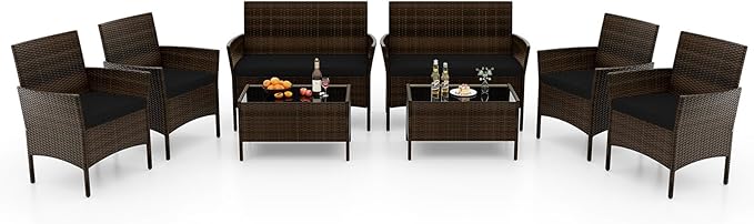 RELAX4LIFE 8-Piece Patio Furniture Set - Rattan Outdoor Conversation Bistro Set w/Cushions, Glass Coffee Table, Wicker Chairs & Loveseat for Garden Backyard Porch, Balcony Furniture Set (2, Black)