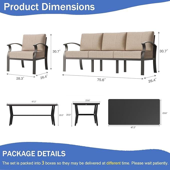 Aluminum Patio Furniture Set with Rectangular Coffee Table, 5 Seats Outdoor Patio Conversation Sets w/5.1" Cushions,Patio Conversation Sets for Garden, Backyard, Porch-Sand