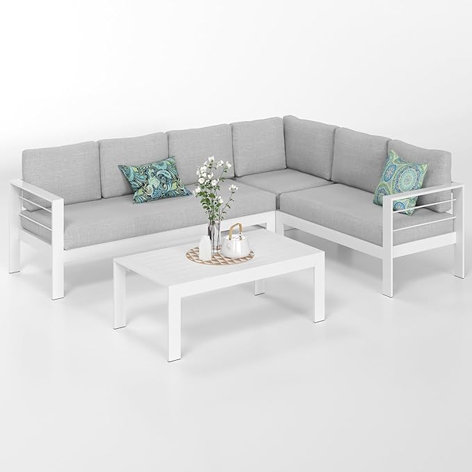Solaste Aluminum Patio Furniture Set, Metal Patio Sectional Sofa with Imitation Wood Tabletop Coffee Table, Modern Outdoor Furniture Couch with Water-Resistant Cushion for Balcony Backyard, White
