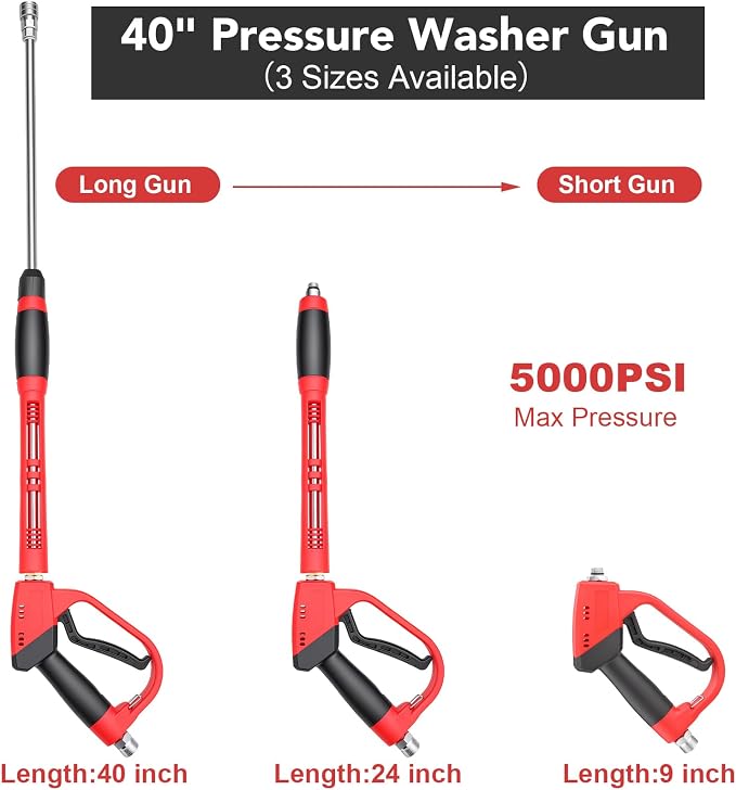 Pressure Washer Gun and Hose Kit, 3/8" 50Ft Pressure Washer Hose with Pressure Washer Gun & M22 14mm Adapters & 5Pcs Nozzle Tips & 2Pcs Extension Wand for House Car Driveway(5000PSI)