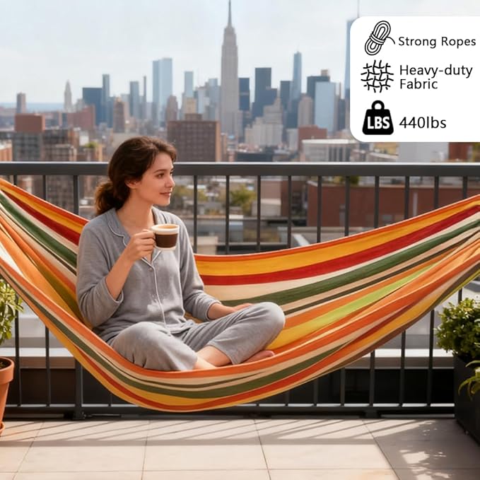 Cotton Canvas Hammock, Comfortable Fabric Camping Hammock with Tree Straps, Up to 440lbs with Travel Bag for Camping Outdoor/Indoor Patio Backyard(Orange&Yellow, Without bar)