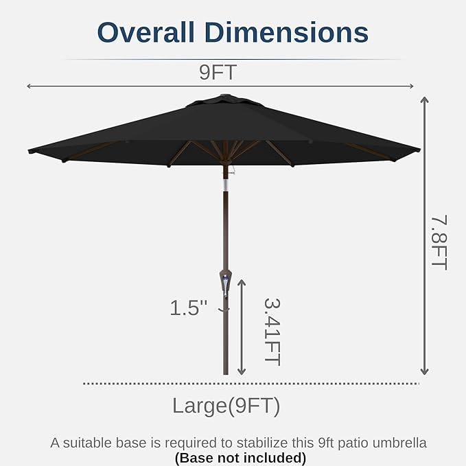 9ft Patio Umbrella with Push Button Tilt and Crank,Outdoor Market Table Umbrella UV Protection 8 Sturdy Ribs for Backyard,Garden,Pool,Deck(Black)