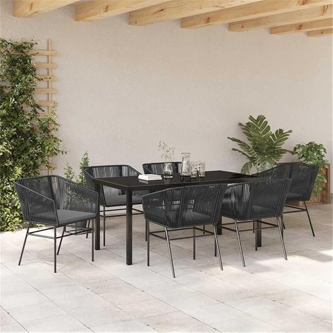 Afuera Living 7-Piece Powder-Coated Steel Garden Dining Set, Black Finish, Rectangular Table with Tempered Glass Top, Outdoor Cushions, Seats 6, Modern Patio Furniture for Balcony, Terrace or Backyard