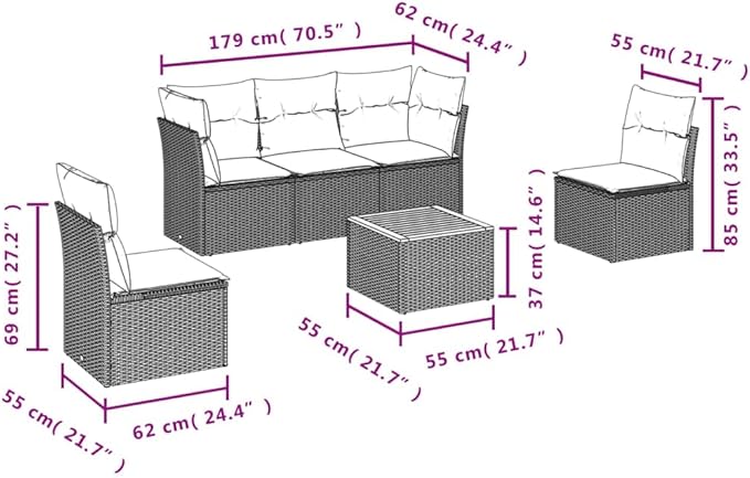 vidaXL Patio Sofa Set with Cushions 6 Piece, Outdoor Conversation Set, Patio Furniture Set for Balcony Garden, Modern Style, Gray Poly Rattan