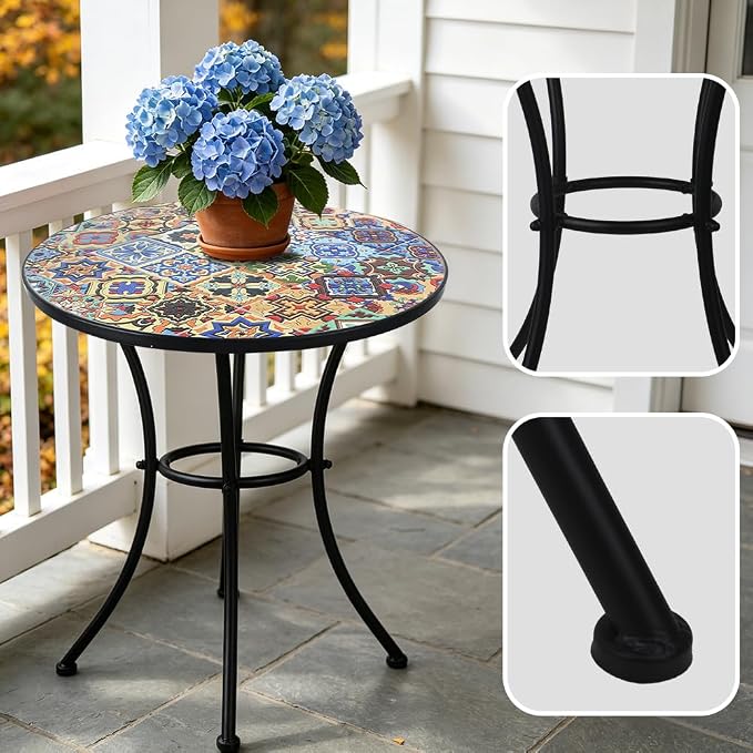 3 Piece Bistro Sets Mosaic Tile Round Table Folding Chairs Garden | Set of 3 Patio Furniture 23.6" Table and 2 Chairs Outdoor Bistro Chairs Artistic Table for Balcony Porch Apartment Backyard